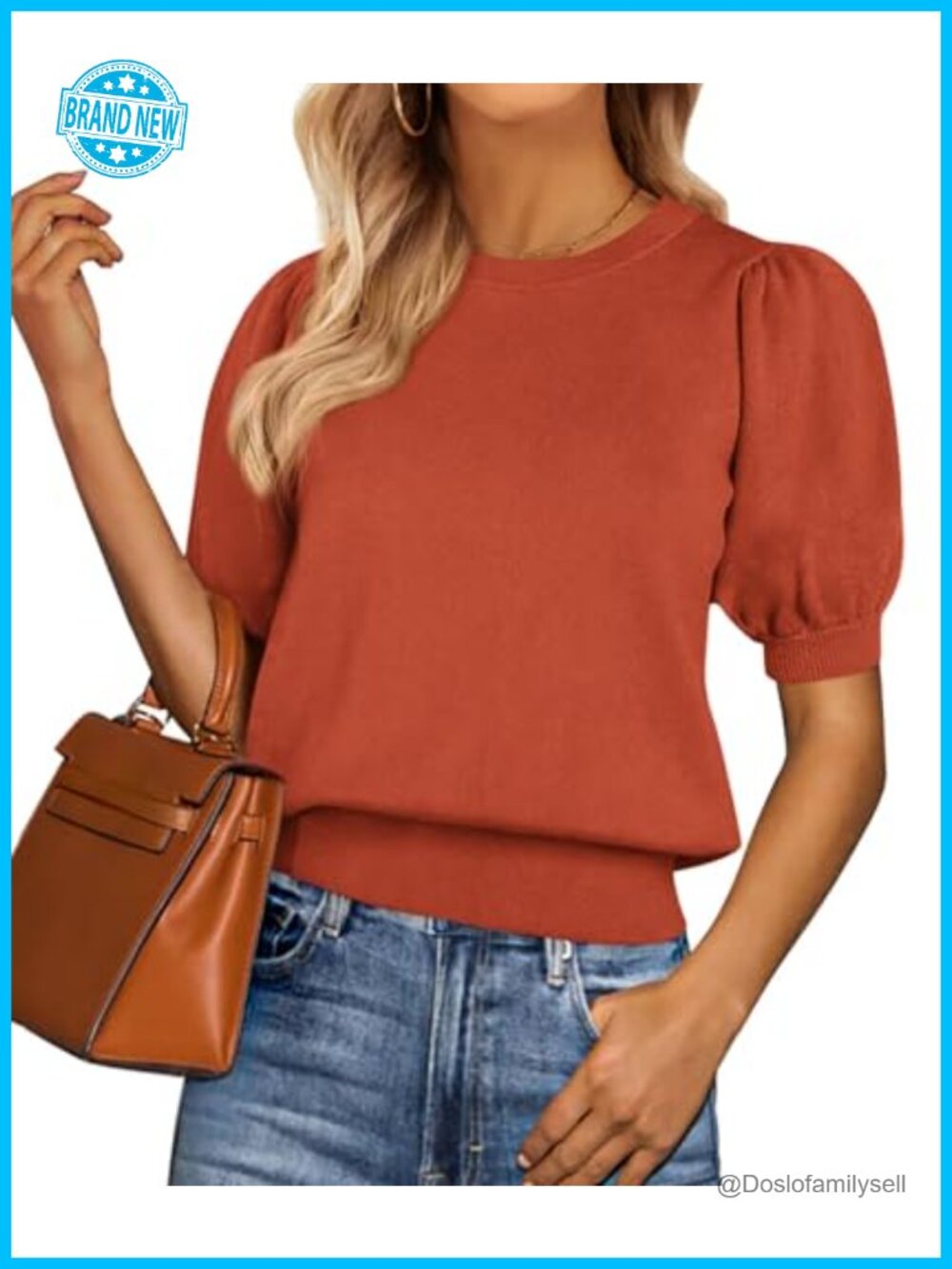 Puff Short Sleeve Knit Sweater Ribbed Crewneck Loose Fit Top